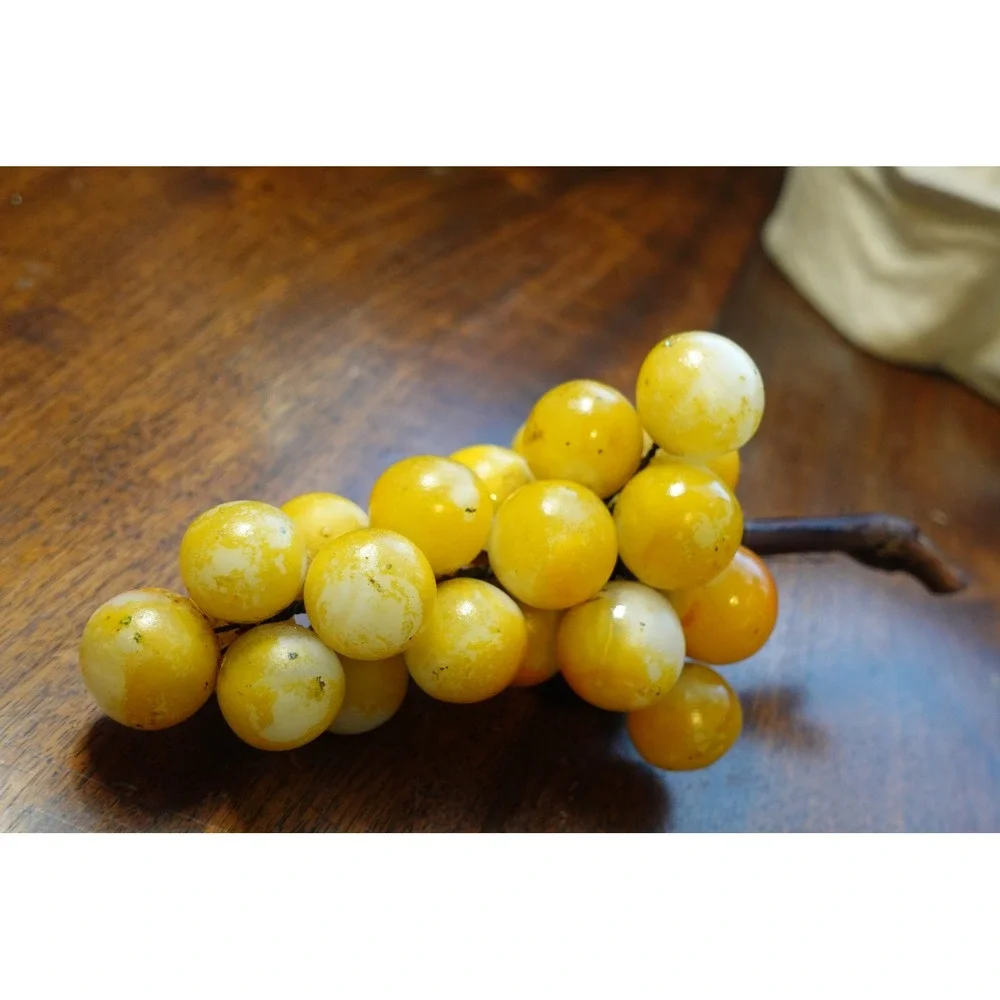 Vintage Yellow Alabaster Stone Grape Cluster Wood Stem Mid Century Modern Decor